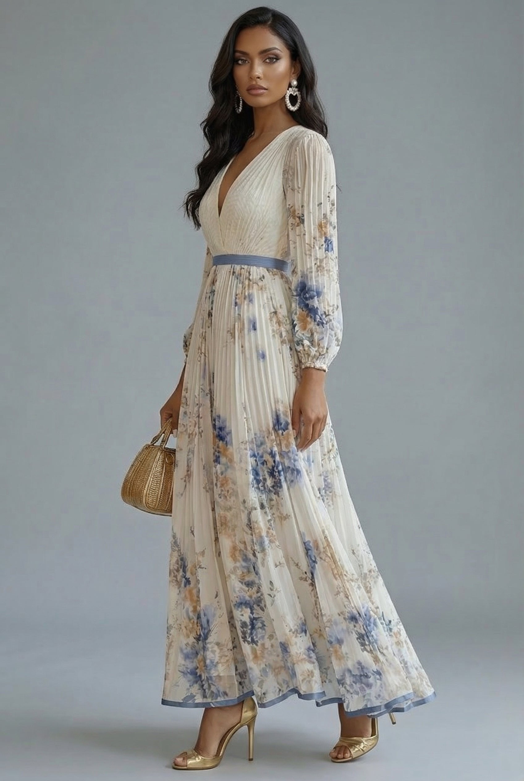 Evelyn | Maxi Dress V-Neck Long Sleeve Pleated Floral Print