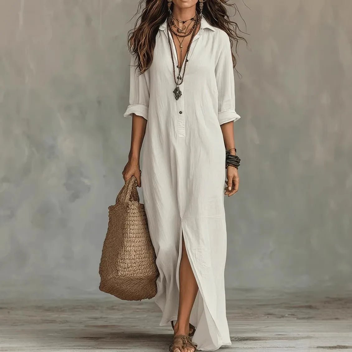 Chloe | Maxi Shirt Dress Three Quarter Sleeves Linen Cotton Loose