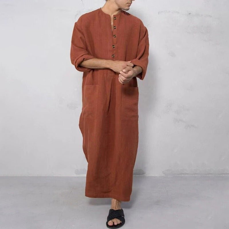 Ryan | Men's Relaxed-Fit Maxi Linen Kaftan Tunic Stand-Collar Button Placket
