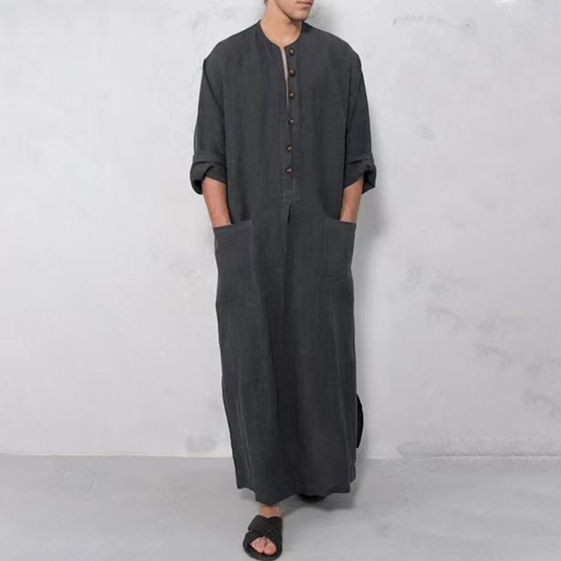 Ryan | Men's Relaxed-Fit Maxi Linen Kaftan Tunic Stand-Collar Button Placket