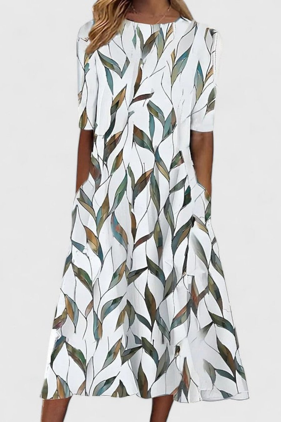 Olivia | Midi Dress Cotton Round Neck Short Sleeve A-Line Pockets