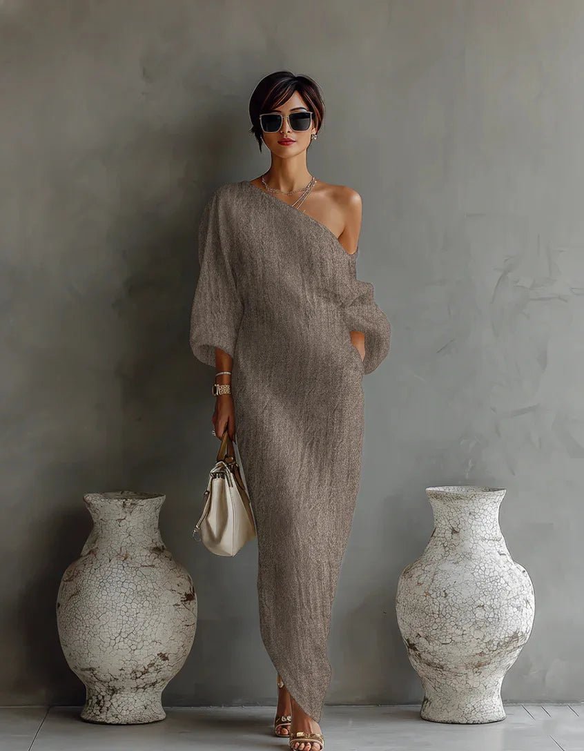 Evelyn | One Shoulder Linen Maxi Dress Asymmetrical Relaxed Fit