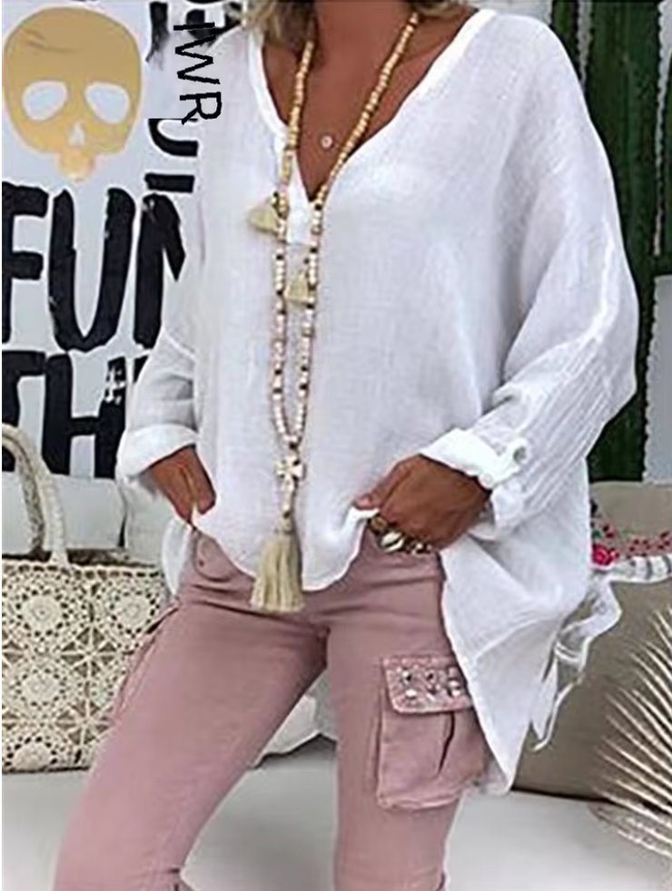 Olivia | Plus Size Women's V-Neck Blouse Long Sleeve Relaxed Fit
