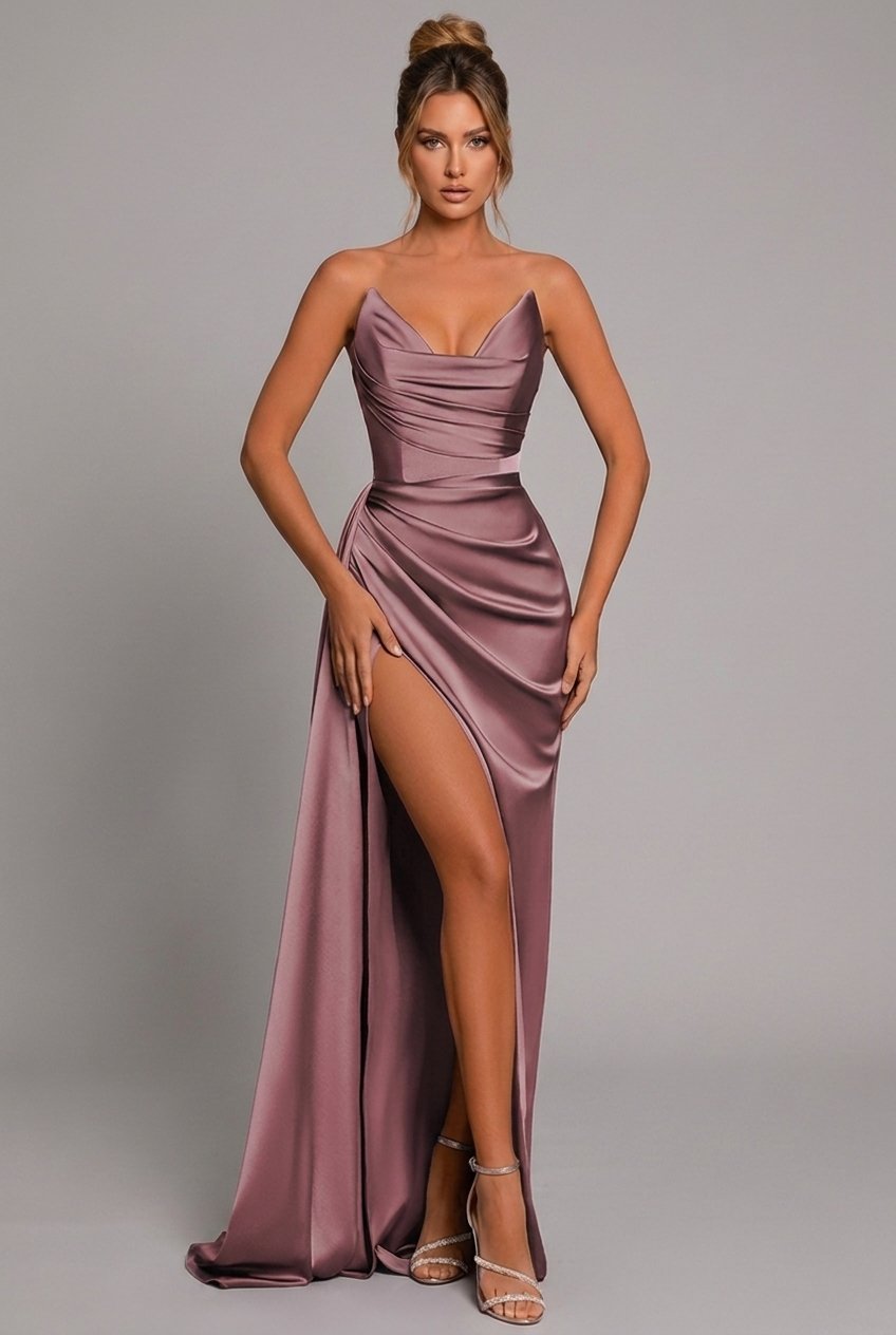 Charlotte | Satin Maxi Dress Ruched Sweetheart Split