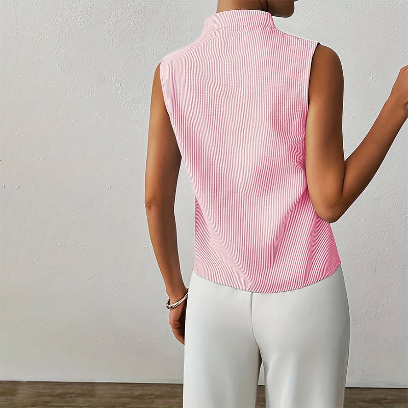 Camila | Sleeveless Striped V-Neck Blouse Stand Collar