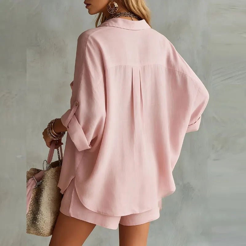 Camila | Two Piece Linen Set Button Down Shirt Elastic Waist Shorts