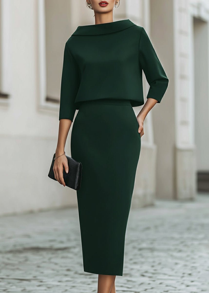 Evelyn | Two Piece Set Boat Neck Top Midi Skirt 3/4 Sleeve Crepe
