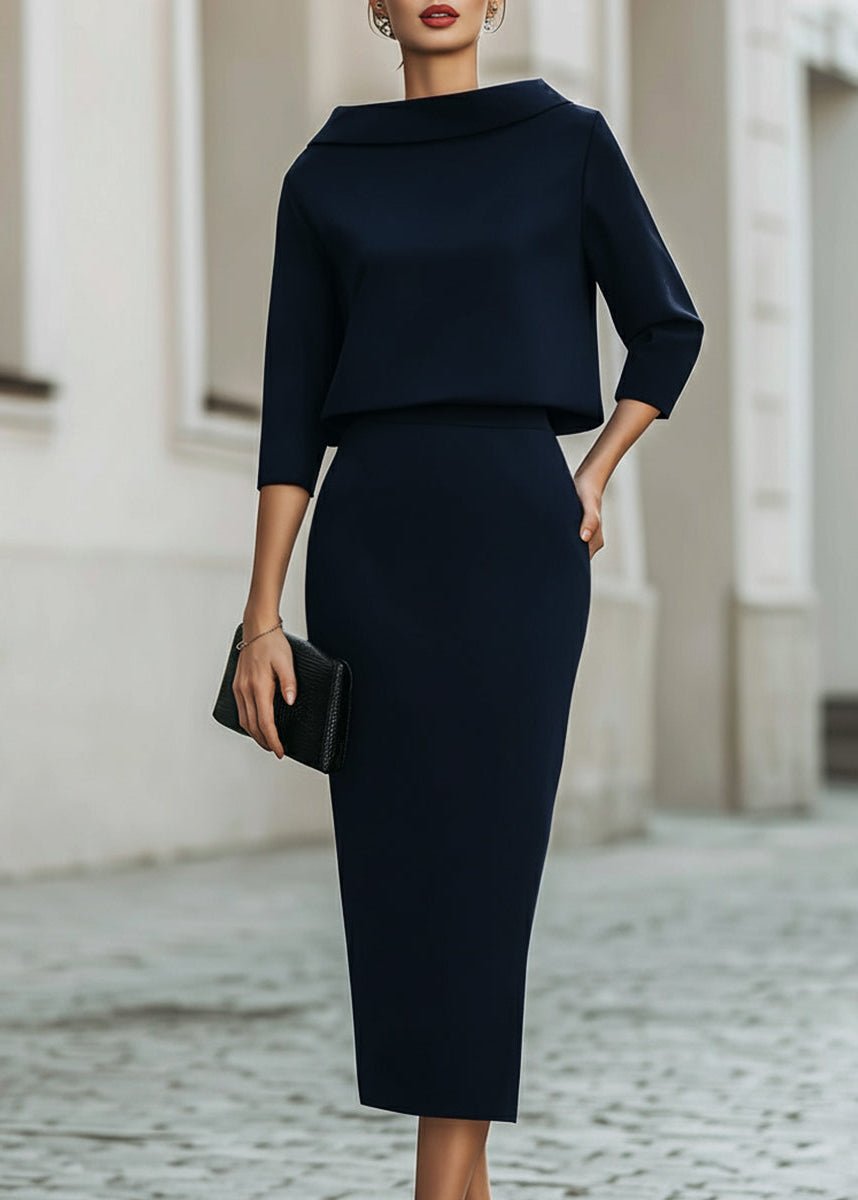 Evelyn | Two Piece Set Boat Neck Top Midi Skirt 3/4 Sleeve Crepe