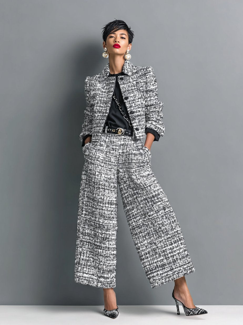 Harper | Two Piece Tweed Set Cropped Jacket Wide Leg Pants