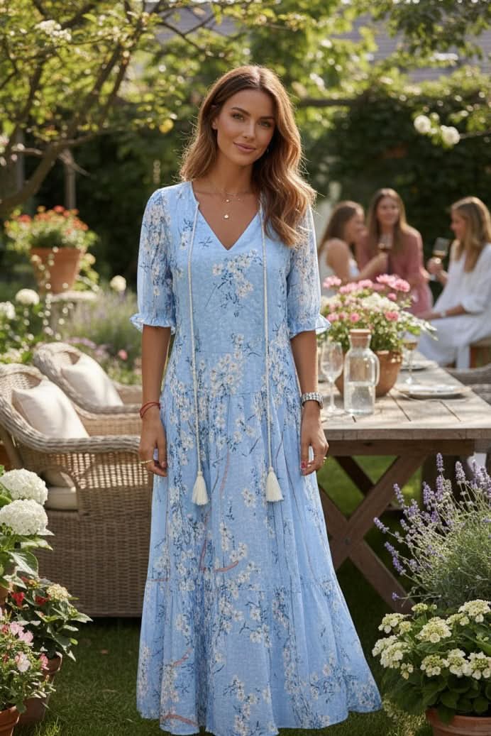 Penelope | Women's Bohemian Floral V-Neck Maxi Evening Gown Dress