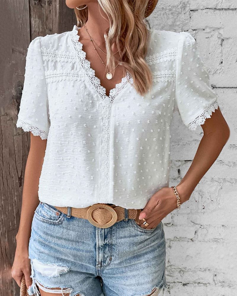 Eleanor | Women's Bohemian Swiss Dot Lace Trim V-Neck Blouse