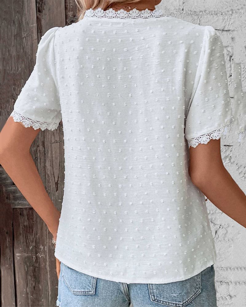 Eleanor | Women's Bohemian Swiss Dot Lace Trim V-Neck Blouse