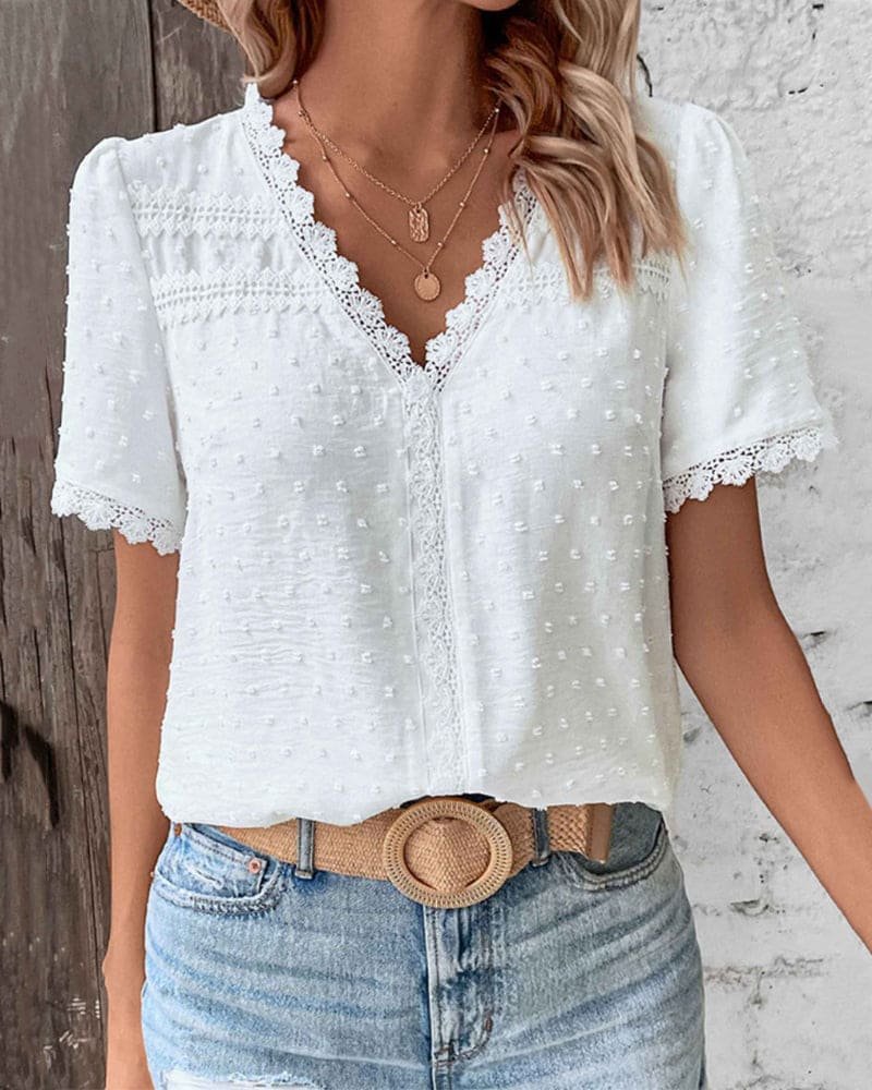 Eleanor | Women's Bohemian Swiss Dot Lace Trim V-Neck Blouse