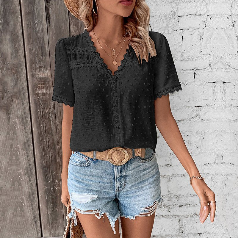 Eleanor | Women's Bohemian Swiss Dot Lace Trim V-Neck Blouse