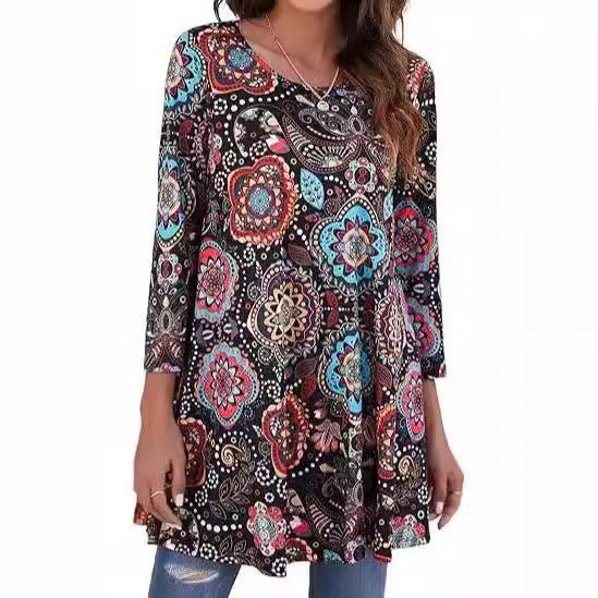 Sophia | Women's Boho Mandala Print 3/4 Sleeve Swing Tunic