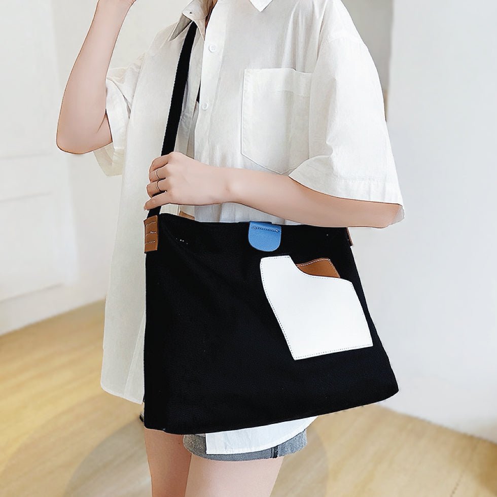 Penelope | Women's Color Block Canvas Tote Bag PU Leather Pocket Shoulder Bag