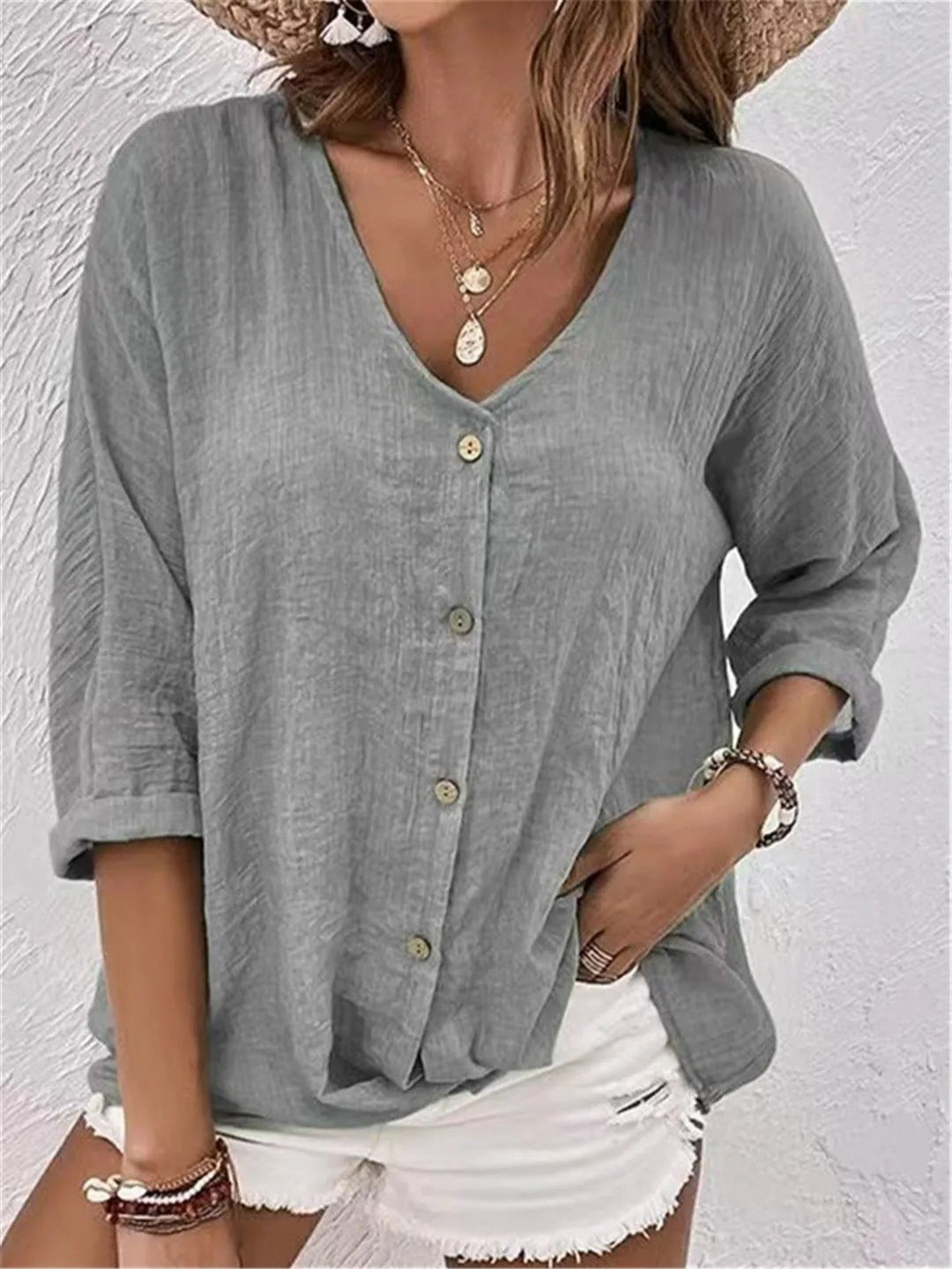 Grace | Women's Cotton V-Neck Button-Front Top Three-Quarter Sleeve