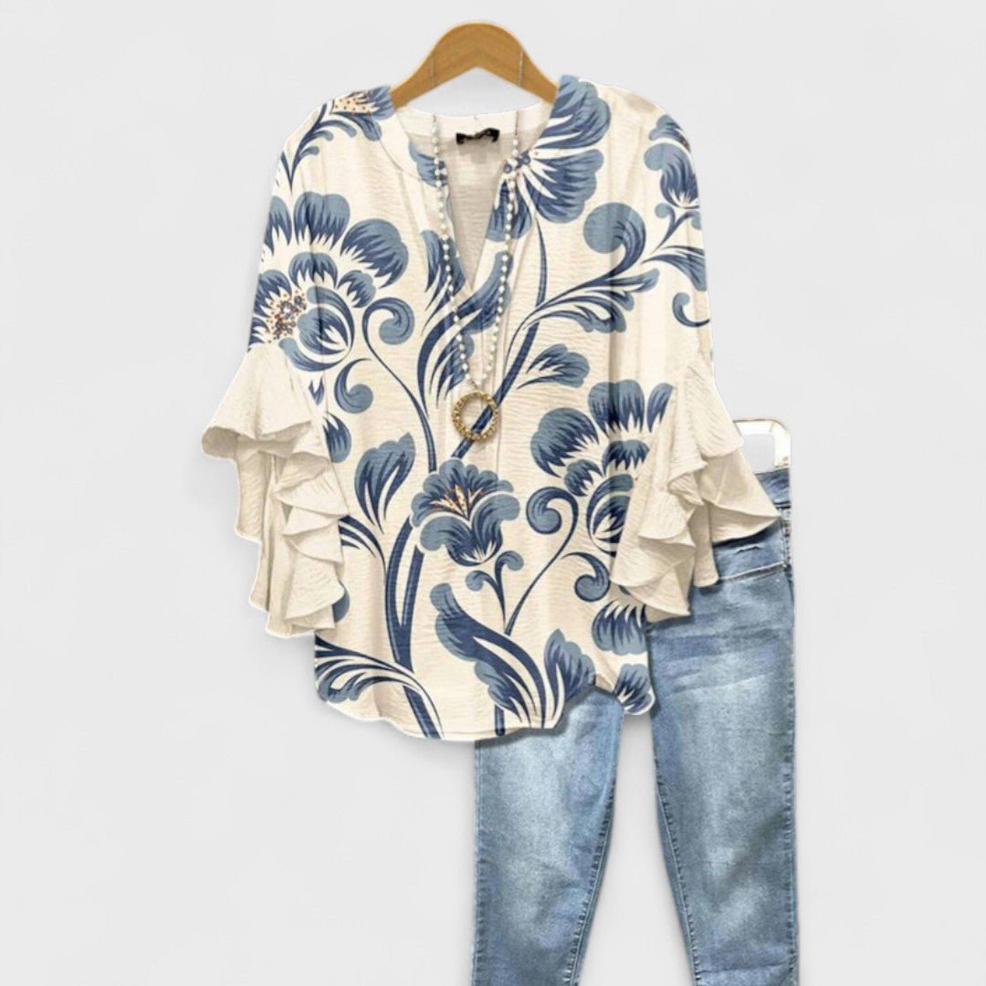 Penelope | Women's Floral Blouse Ruffle Sleeves V-Neck Casual
