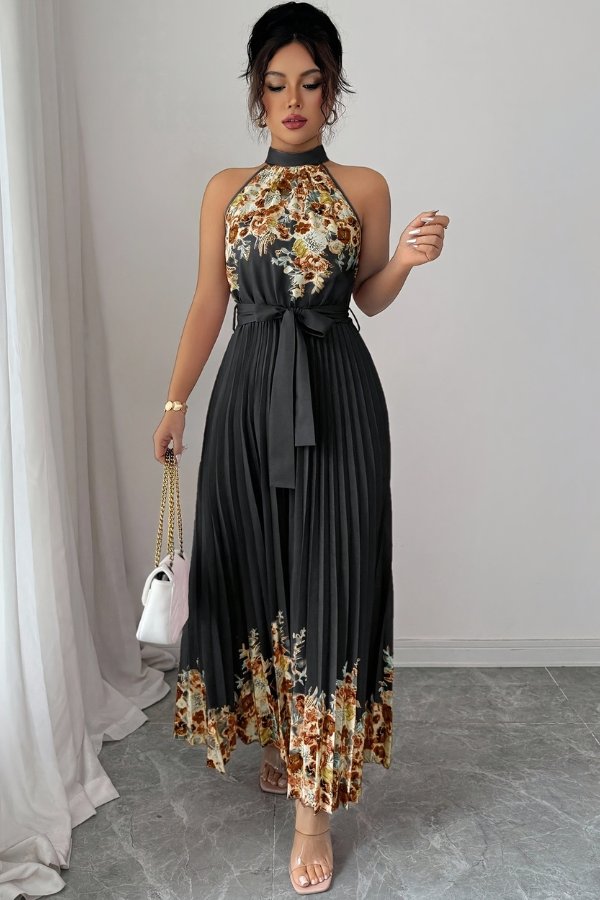 Camila | Women's Floral Pleated Halter Evening Gown Midi Dress