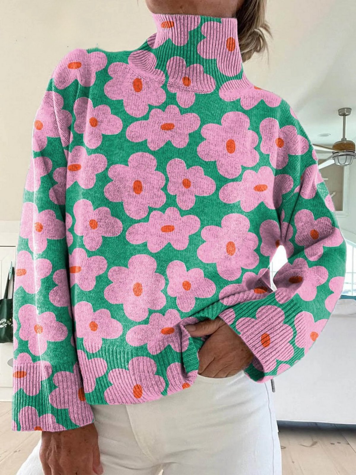 Evelyn | Women's Floral Turtleneck Sweater Ribbed Knit Long Sleeve