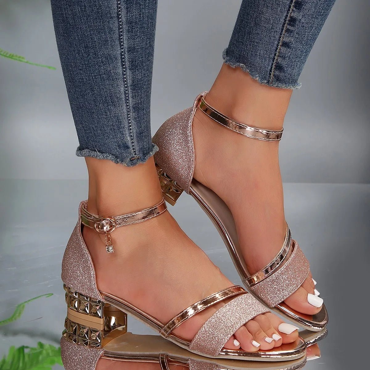 Isabella | Women's Glitter Block-Heel Ankle-Strap Comfortable Sandals