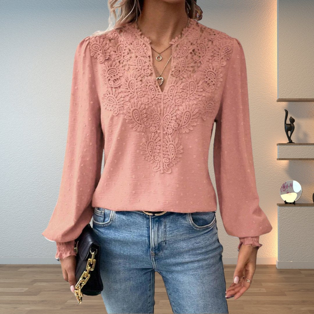 Sophia | Women's Lace-Bodice V-Neck Smocked-Cuff Long-Sleeve Blouse