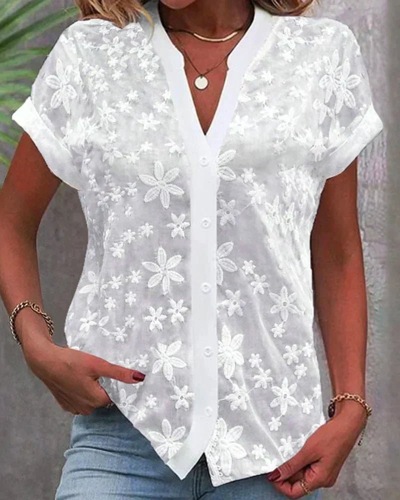 Layla | Women's Lace Floral Button-Down Blouse Short Sleeve V-Neck