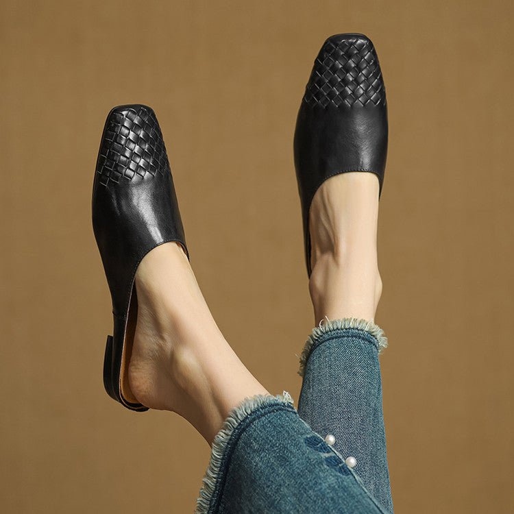 Aria | Women's Leather Mules Square Toe Woven Slip-On Flats