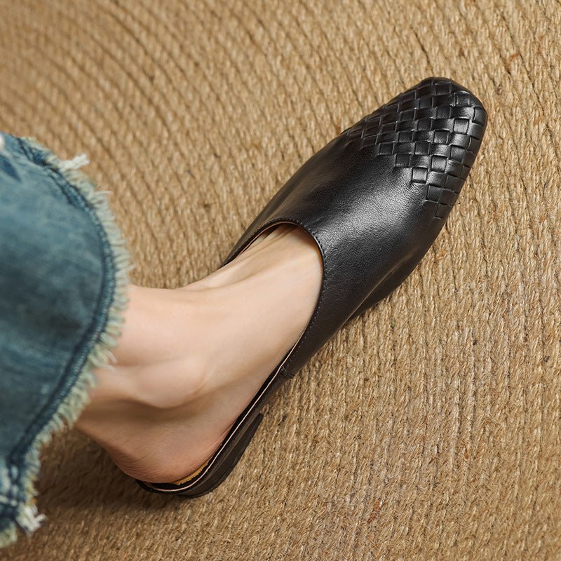 Aria | Women's Leather Mules Square Toe Woven Slip-On Flats