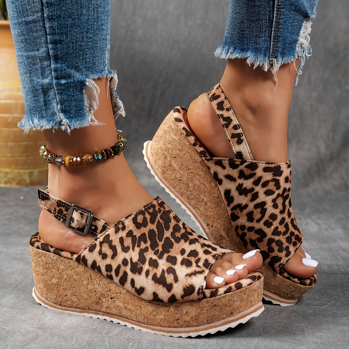 Amelia | Women's Leopard Print Platform Wedge Comfortable Sandals Buckle Strap