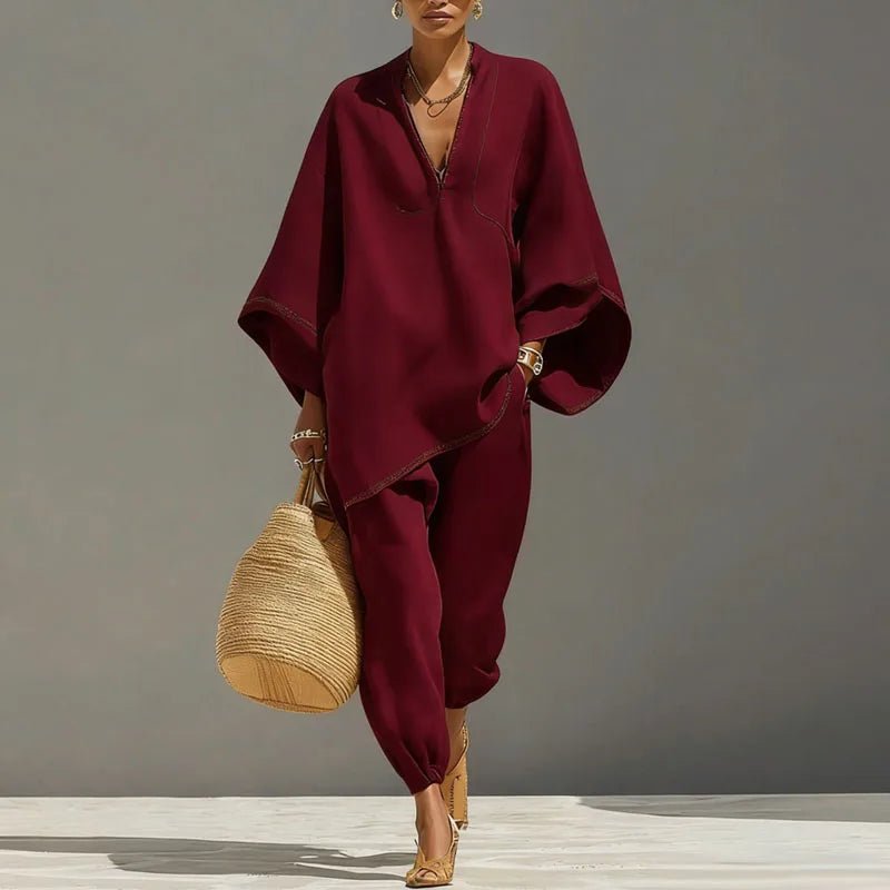 Evelyn | Women's Linen Matching Set Batwing Top Tapered Pants