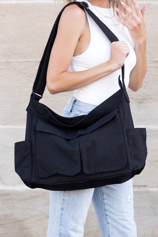 Harper | Women's Oversized Black Canvas Tote Bag Crossbody Messenger