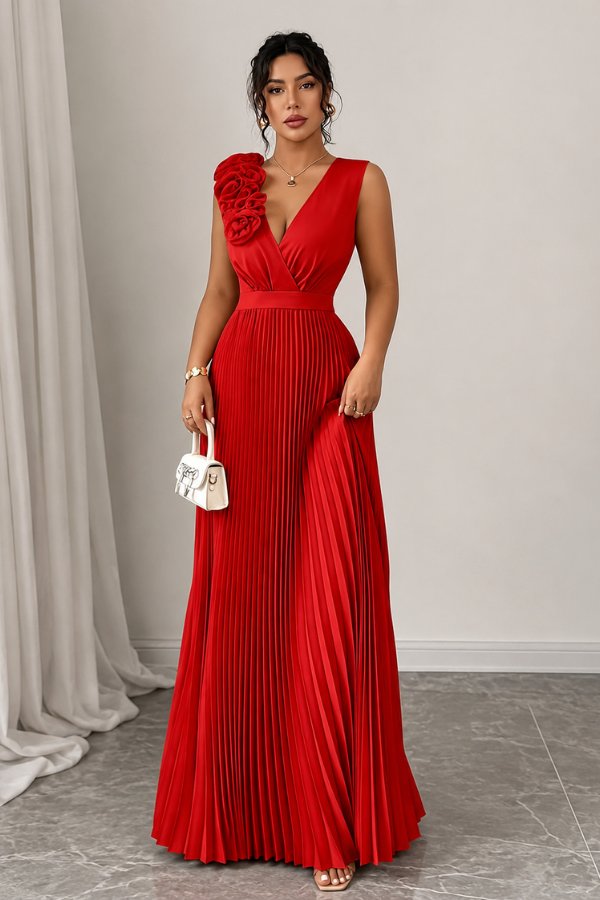 Charlotte | Women's Pleated Sleeveless Floral Applique Evening Gown