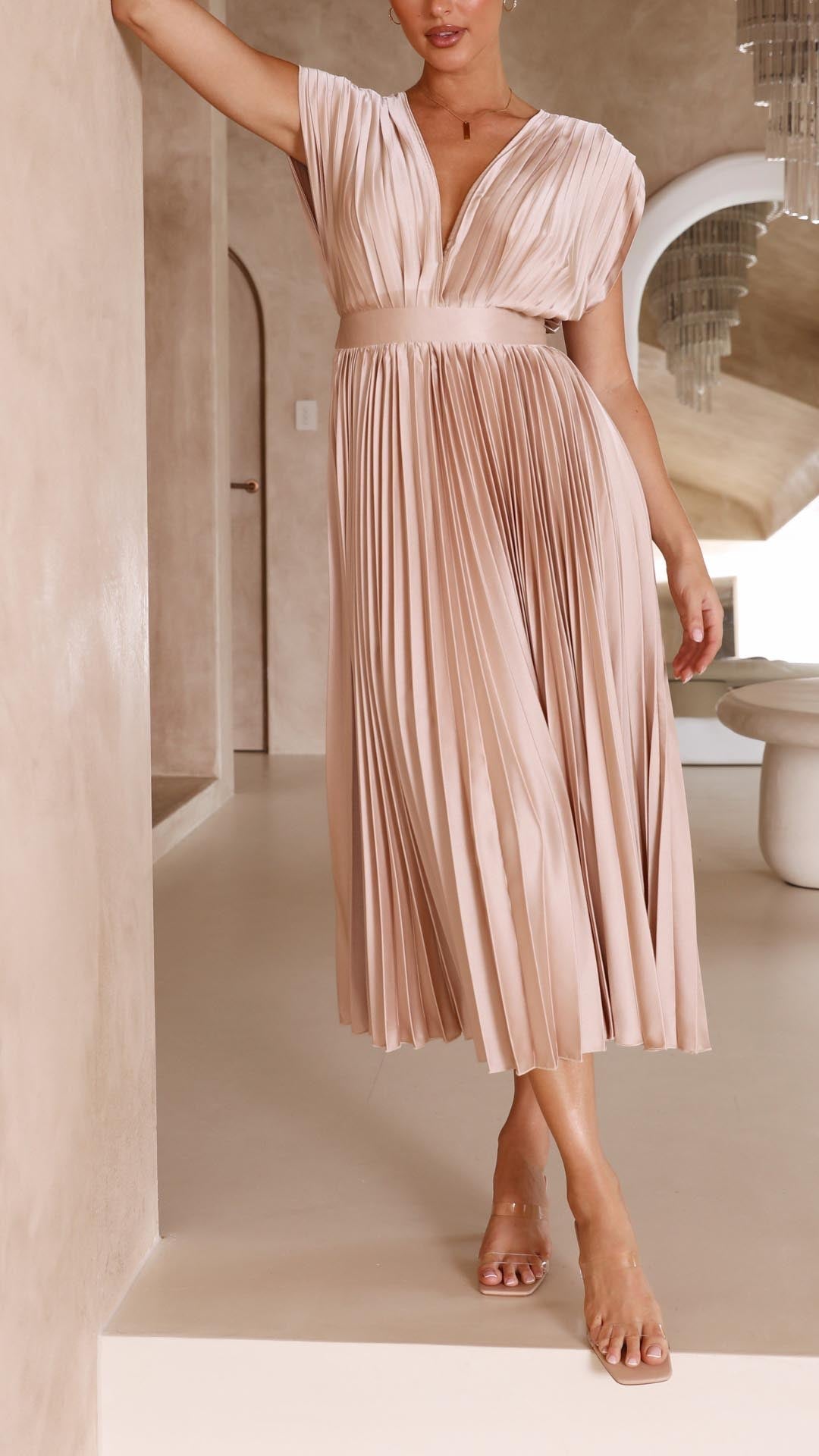 Kaitlyn | Women's Pleated V Neck Midi Wedding Guest Dress