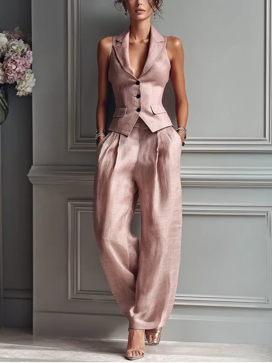 Olivia | Women's Pleated Wide Leg Pants Lapel Vest Linen Two-Piece Set