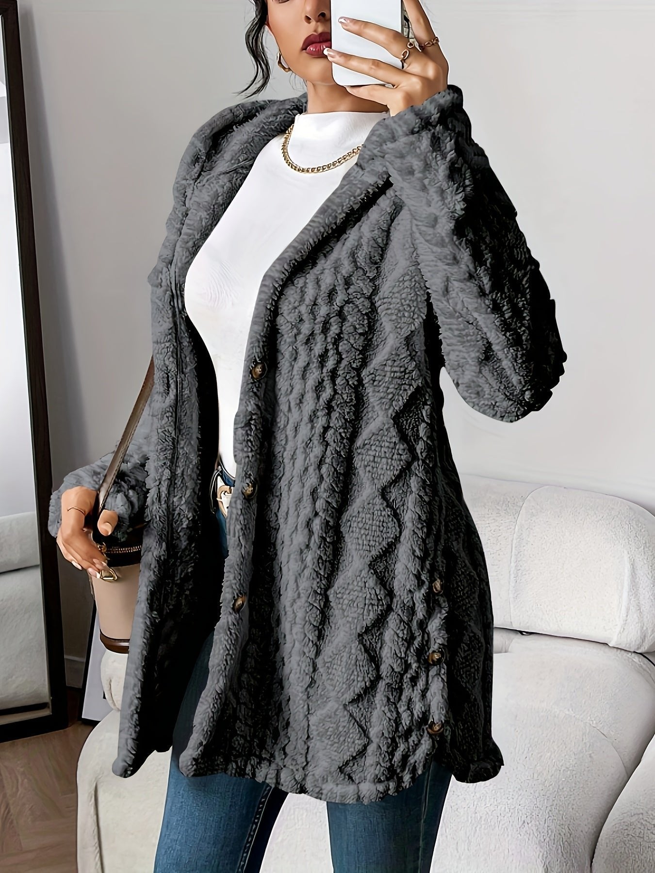 Grace | Women's Plush Hooded Button-Front Long Cardigan