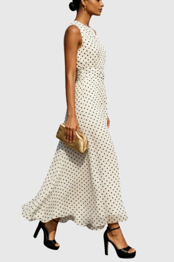 Grace | Women's Polka Dot Sleeveless Ruffle Hem Maxi Evening Gown