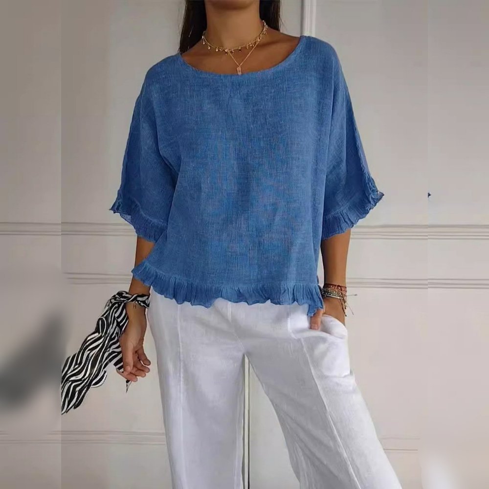 Scarlett | Women's Relaxed-Fit Frayed-Hem Linen-Look Short-Sleeve Blouse