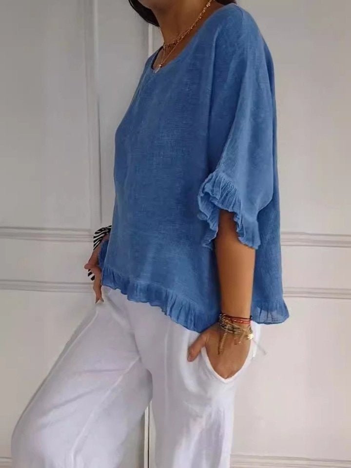 Scarlett | Women's Relaxed-Fit Frayed-Hem Linen-Look Short-Sleeve Blouse