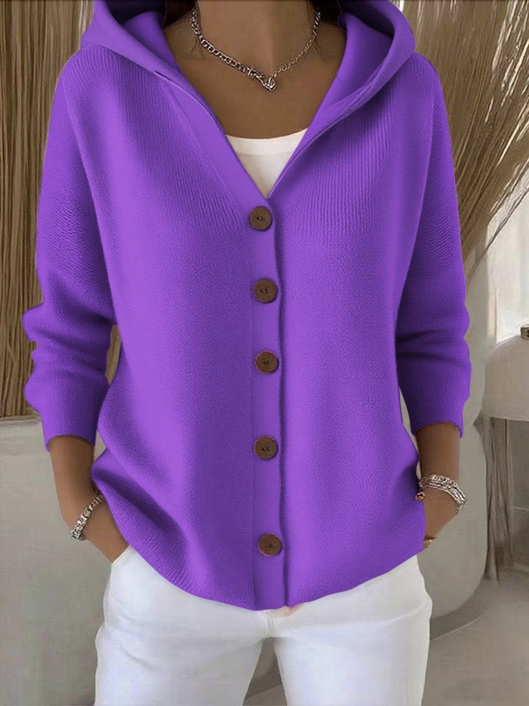 Mia | Women's Relaxed-Fit Hooded Button-Front Knit Cardigan