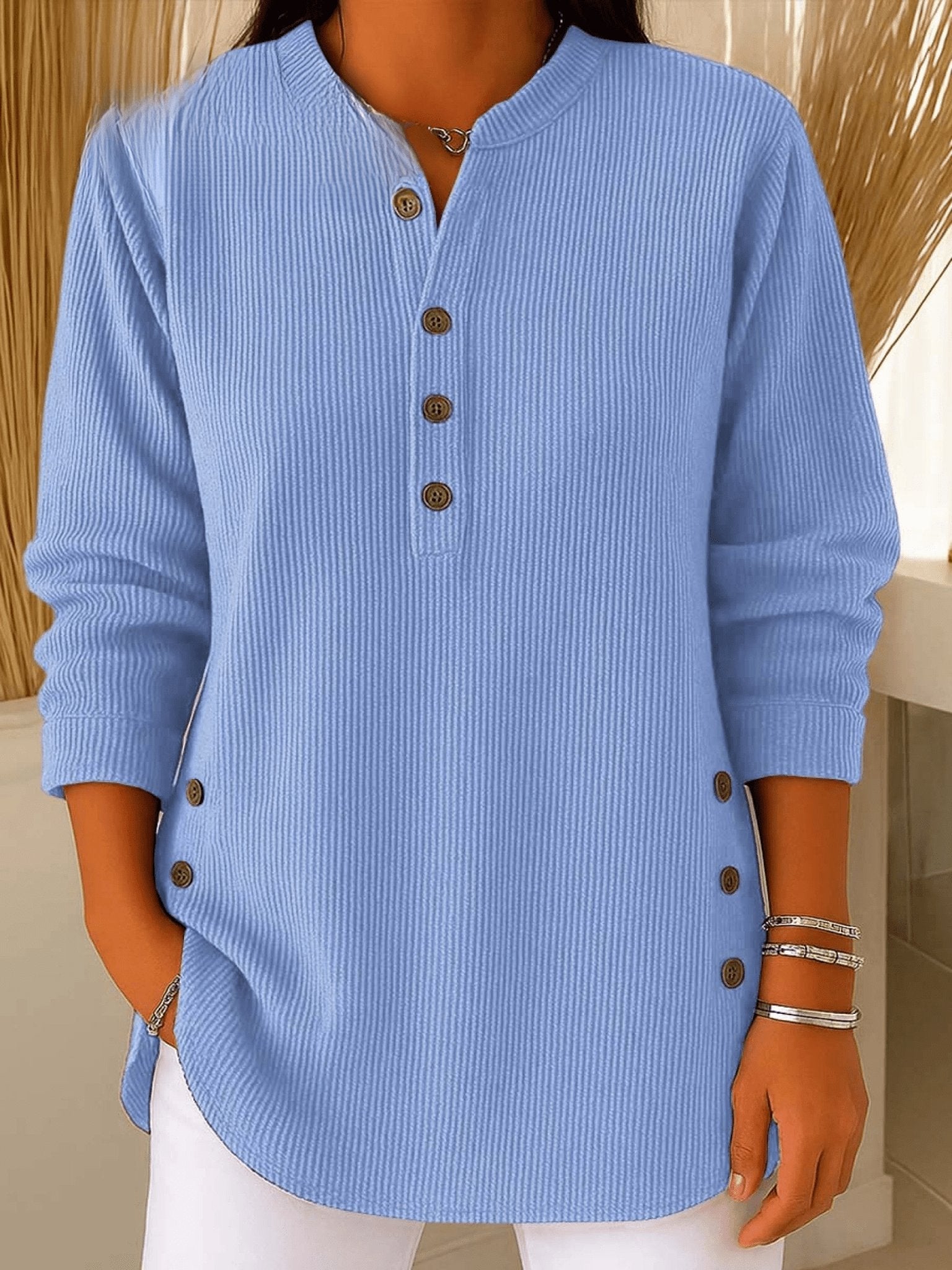 Camila | Women's Relaxed-Fit Longline Henley Ribbed Tunic Top