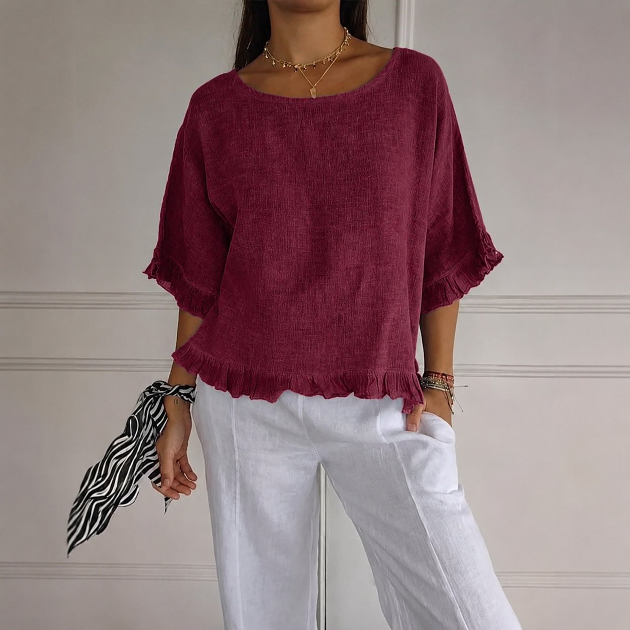 Aria | Women's Relaxed-Fit Ruffle-Hem Linen Blouse
