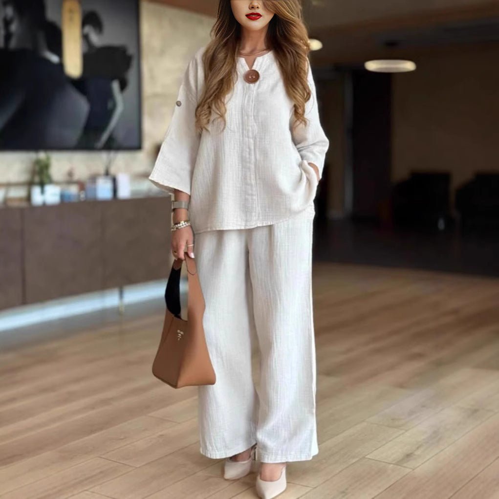 Grace | Women's Relaxed Linen-Look 3/4 Sleeve Tunic Wide-Leg Pants Set