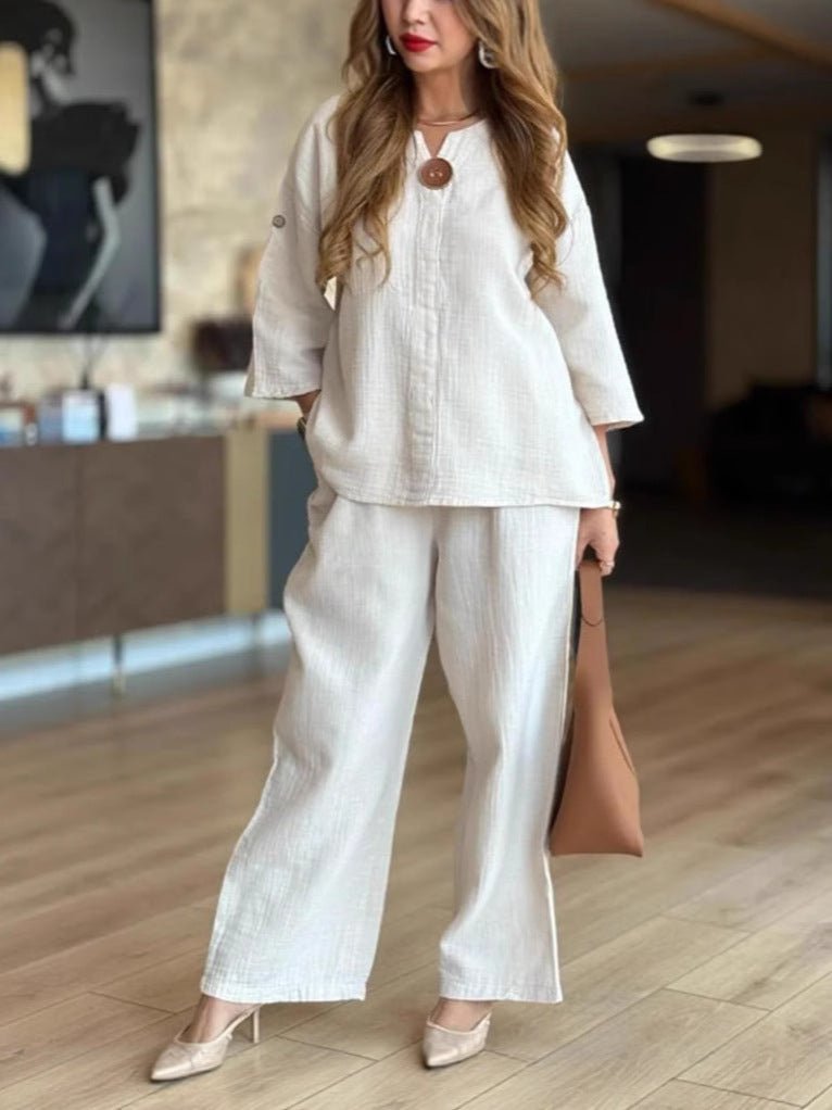 Grace | Women's Relaxed Linen-Look 3/4 Sleeve Tunic Wide-Leg Pants Set