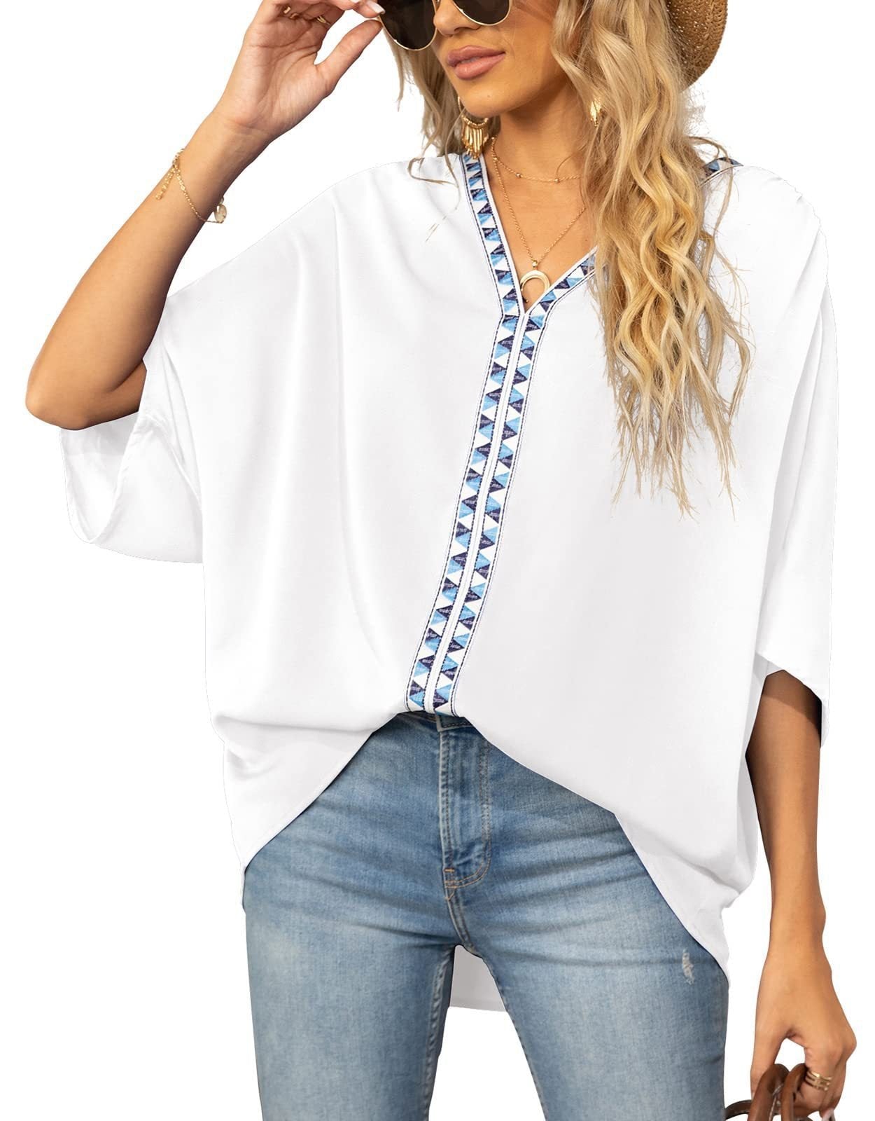 Scarlett | Women's Relaxed V-Neck Geometric Trim Oversized Tunic Top