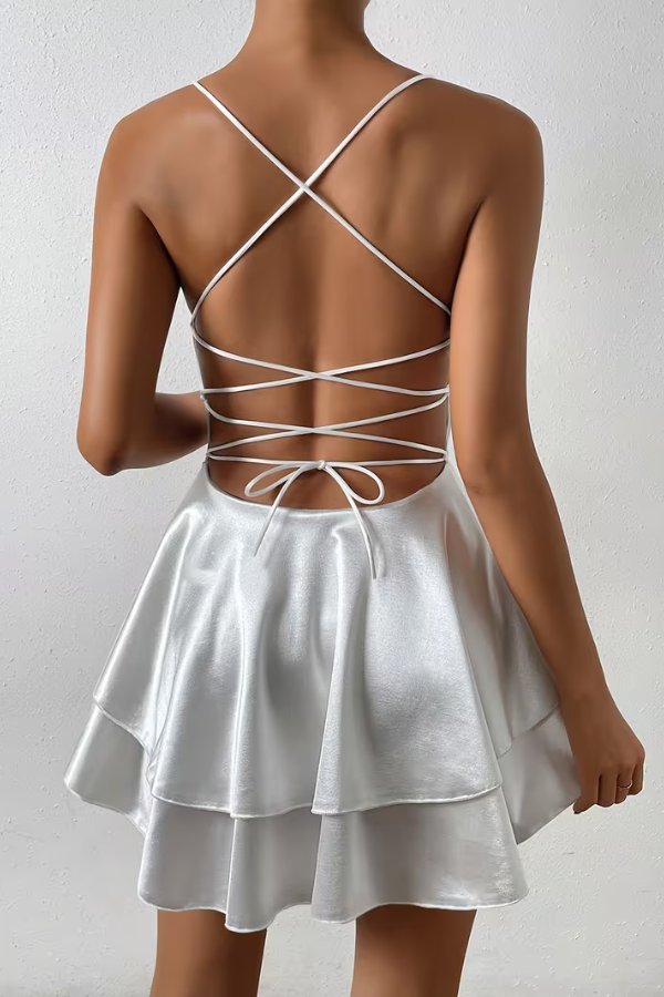 Mia | Women's Satin Open-Back Mini Cocktail Dress V-Neck Pleated Skater