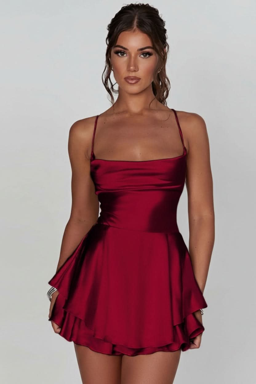 Luna | Women's Satin Square-Neck Ruffle-Skirt Mini Cocktail Dress