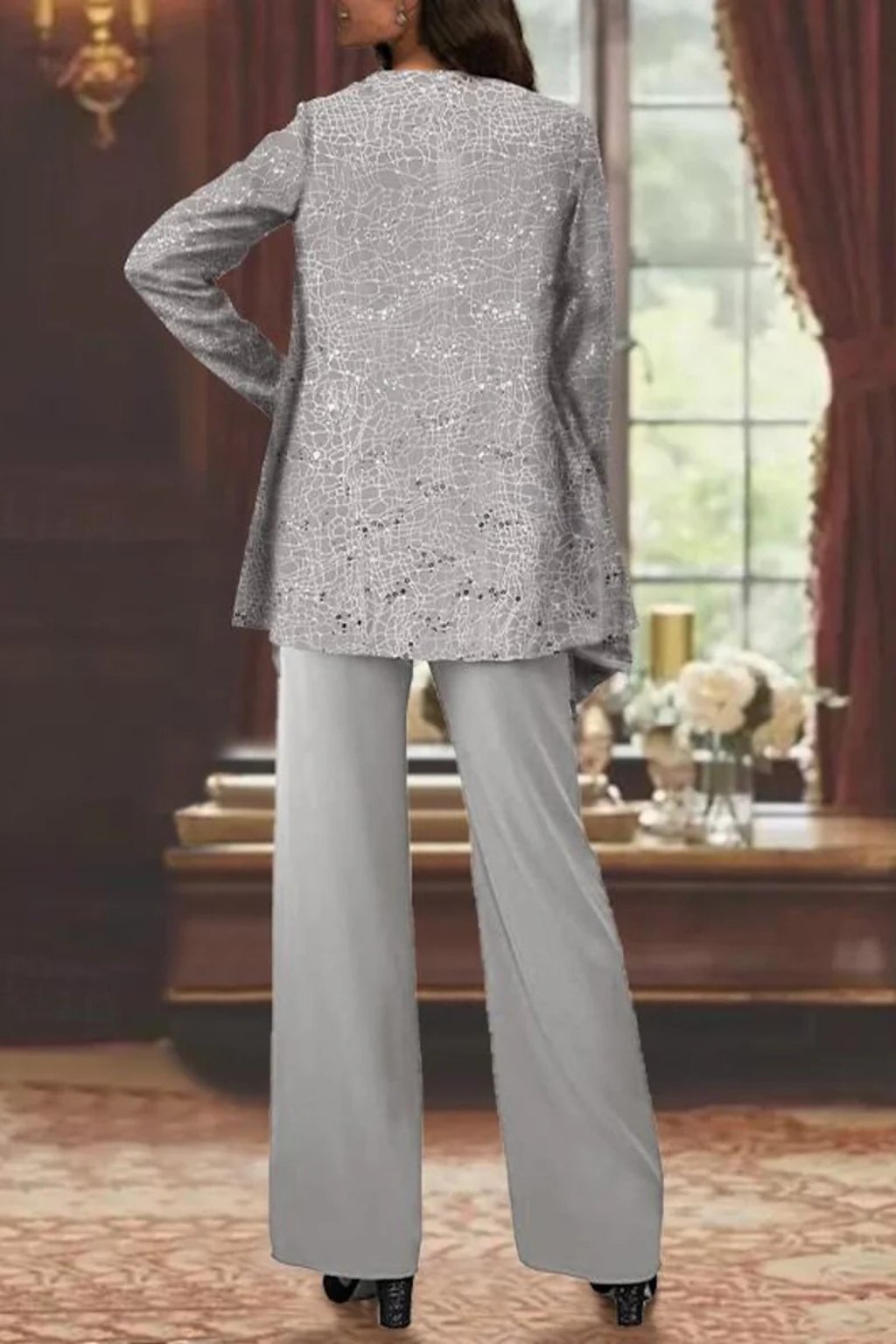 Luna | Women's Sequined Three-Piece Wide Leg Pants Suit Long Sleeve