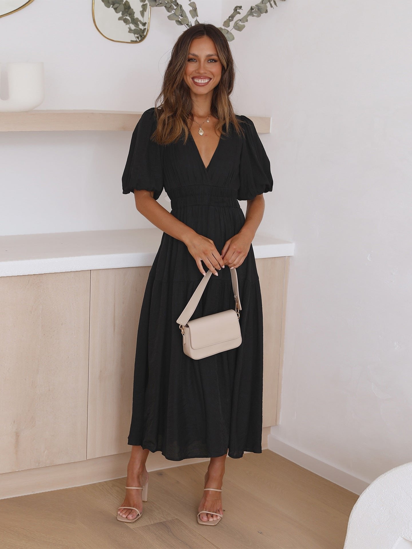 Eleanor | Women's V-Neck Puff Sleeve Midi Dress Smocked Waist