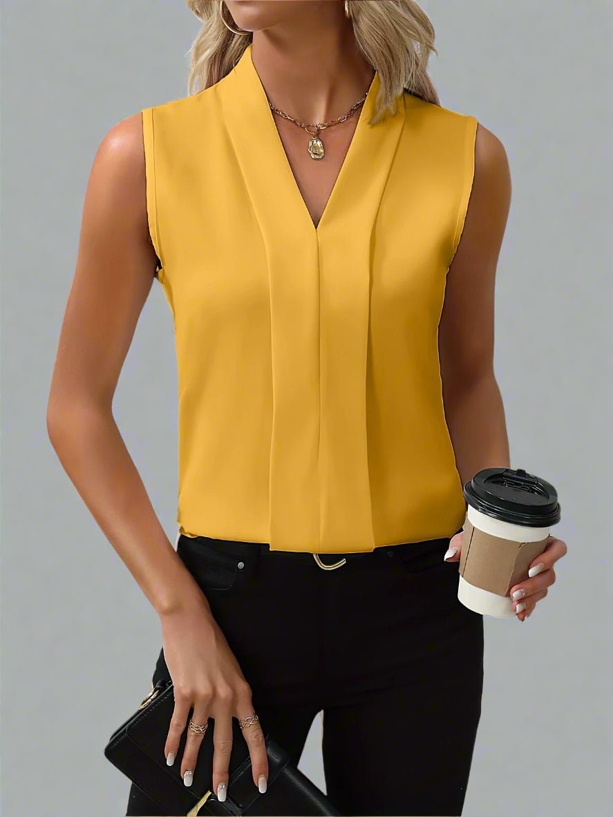 Chloe | Women's V-Neck Sleeveless Blouse with Pleated Front
